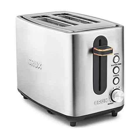 Crux 2 Slice Stainless Steel Toaster, Extra Wide Slots, Quick & Precise 6-Setting Shade Control, Reheat, Bagel and Gluten Free Function, Slide-Out Crumb Tray for Easy Clean Up, Silver/Copper Accents Cover