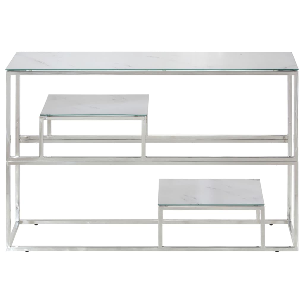 Stolik konsolowy, srebrny, stal szlachetna z blatem ze szkła hartowanego o wyglądzie marmuru, 110 x 35 x 70 cm, stół do przedpokoju, stolik do odkładania do salonu, przedpokoju i sypialni
