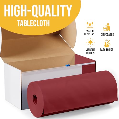 Image of Exquisite Party Solids 54 Inch X 300 Feet Burgundy Plastic Table Cover Roll in A Cut - to - Size Box with Convenient Slide Cutter. Cuts Up to 36 Rectangle 8 Feet Plastic Disposable Tablecloths