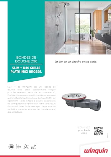 Wirquin Slim+ Duschablauf, extraflach, Ø 90 mm, SMART Membran, Gitter, flach, gebürsteter Edelstahl