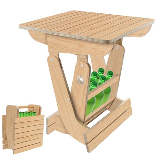 Agekub Wood Portable Folding Table Bistro Table Wooden Beer Carrier with Bottle Opener Space-Saving Small Outdoor Side Table for Camping, Picnic, Park, Party, Garden Concerts