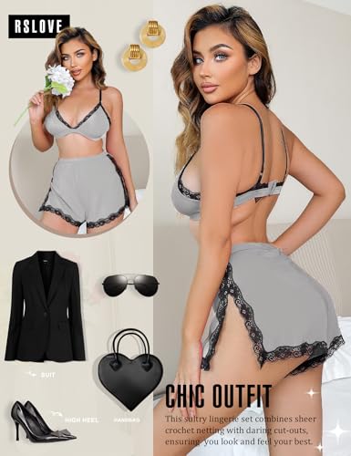 Image of RSLOVE Sexy Pajamas for Women Soft Lingerie Set Lace Trim Sleepwear 2 piece Pjs Shorts Set