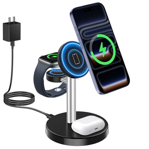Image of Aeinidi 2026 3 in 1 Wireless Charging Station Compatible with MagSafe Charger Stand, 15W Fast Magnetic Mag-Safe Charger for iPhone 17 16 15 14 13 12 Series Apple iWatch AirPods Pro 4 3 2