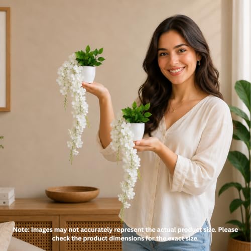 Image of fancymart Artificial Flower White Wisteria Hanging Plant with White Pot, 60 cm Height, Pack of 2, Realistic Floral Vine for Home, Office, Living Room & Wall Decor