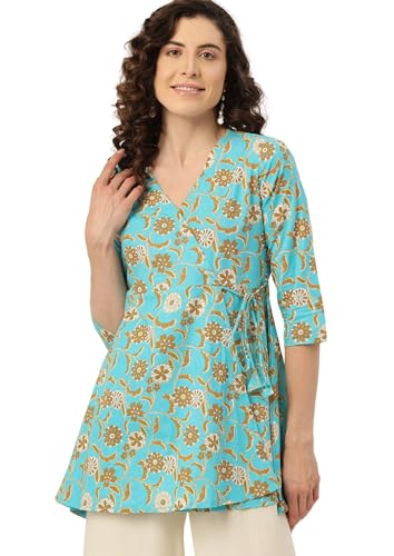 Image of feranoid Floral Print Angrakha 3 Sleeves Flared Kurti