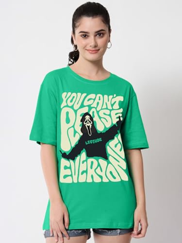 Image of LEOTUDE Women Cottonblend Drop Shoulder Oversized Round Neck Half Sleeve