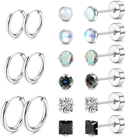 LOFITOR Titanium Earrings for Men Women Titanium Steel Stud Earrings for Sensitive Ears Opal Cubic Zirconia Hypoallergenic Surgical Steel Cartilage Earrings Hoop 20G Flat Back Stud Earrings
