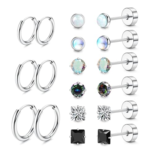 LOFITOR Titanium Steel Earrings for Women Men Flat Back Studs Hoop Silver by LOFITOR - Used condition - US$8.49