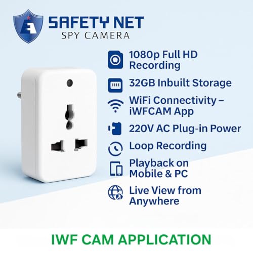 Image of SAFETYNET 1080P Full HD WiFi Security Camera | 24 /7 Continuous Power | iWFCam App Live View | Motion Detection | Loop Recording | Mobile & PC Monitoring (MINI Plug Camera)