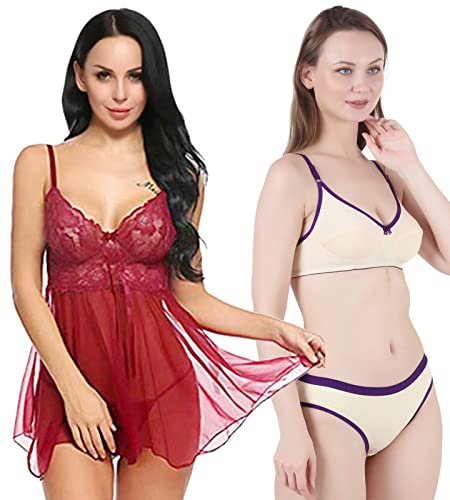 Image of Love Maker Babydoll Lingerie Bra Panty Set Undergarments for Women Honeymoon Nighties Small to 3XL