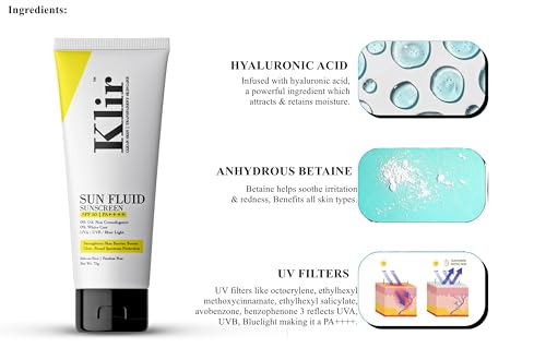 Image of Klir SunFluid SPF 50 PA++++ Sunscreen with 1% Hyaluronic Acid | Moisturize, Hydrate, Barrier Repair & Sun protection (150gm)
