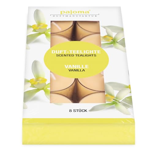 pajoma® Lot de 8 bougies chauffe-plat parfumées à la vanille dans un étui en polycarbonate - Durée de combustion : environ 4 heures - Hauteur : 1,5 cm - Diamètre : 3,5 cm - Qualité supérieure -
