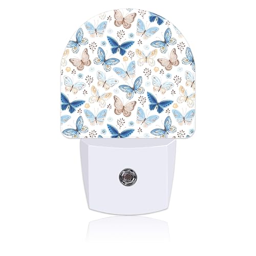 Image of Plug in Night Lights Vintage Blue and Brown Butterflies Nightlight Plug Into Wall Dusk to Dawn Sensor LED Night Light for Kid Girls Boys Room Decor,Hallway,Kitchen,Bathroom,Nursery,Stairs
