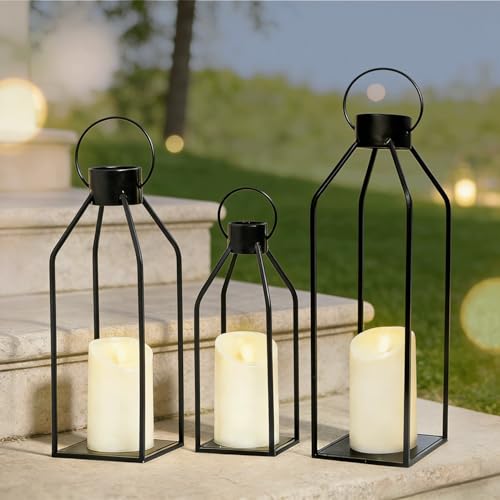 3 Pcs Black Lanterns Decorative Outdoor, Metal Candle Lanterns, Modern