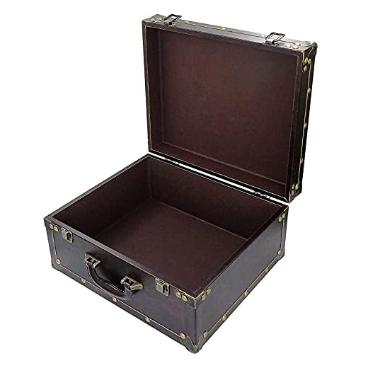DreamsEden Large Wooden Decorative Storage Trunk - Wood Leather Treasure Chest Box Vintage Suitcase, 13.8" x 11.8" x 6.9"