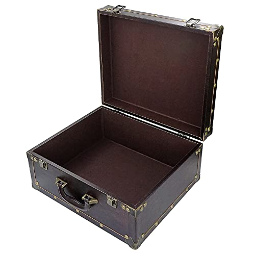 DreamsEden Large Wooden Decorative Storage Trunk - Wood Leather Treasure Chest Box Vintage Suitcase, 13.8
