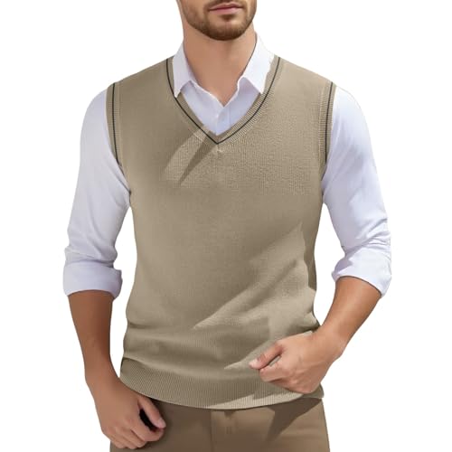 Pull sans Manche Homme Tricoté Gilet Col en V sans Manches Pull en Laine Mélangée Décontracté Veste en Maille Gentleman Tricots Débardeurs pour Homme...