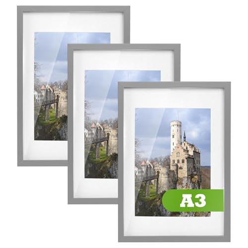 Nicola Spring A3 Picture Frames with A4 Mounts - 3 Pack Grey Photo Frame (29.7 x 42cm) - Landscape Portrait Display with Glass Front Aperture for Freestanding & Wall Mounting Certificate, Poster