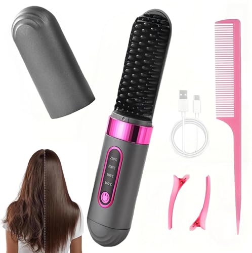 Brosse Lissante Sans Fil,Brosse Lissante Pour Cheveux,4 Réglages de Température avec Affichage LED,Go Brush Pro Brosses à Lisser Portable Sans Fil pour les...