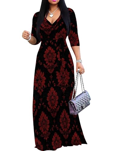 Image of Women's V Neck Floral Maxi Dress 3 /4 Sleeve Plus Size Boho Wrap Flowy Long Dresses with Belt