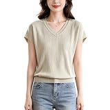 [Leadamon-oee] サマーニット レディース 半袖 サマーセーター Vネック トップス 無地 リブ プルオーバー 薄手 きれいめ 伸縮性 柔らかい 着痩せ 細見え 上品 通勤 普段着 夏 春