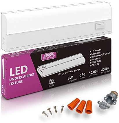 HARRRRD Hardwired LED Under Cabinet Lighting - 8 Watt, Dimmable, CRI>90, 4000K (Cool White), Wide Body, Long Lasting Metal Base with Frost Lens,12" Inch