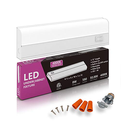 Hardwired LED Under Cabinet Lighting - 8 Watt, Dimmable, CRI>90, 4000K (Cool White), Wide Body, Long Lasting Metal Base with Frost Lens,12" Inch