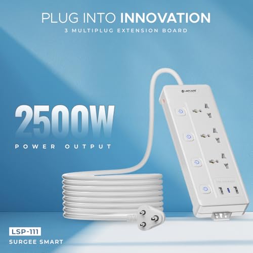 Image of Lapcare Smart Surge Protector with Individual Switch, 250 Volts Extension Board, 3AC Socket 2500W, PD 20w & 2xUSB, 1.5M Copper Cord, Overload Protection, Safety Shutter, Durable PP Body