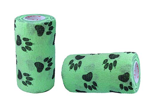 Image of Vet Wrap Wrap Tape (Green with Paw Prints) (2 Pack) (4 Inch x 15 feet) Self Adhesive Adherent Adhering Cohesive Flex Self Stick Bandage Grip Roll Dog Cat Pet Horse