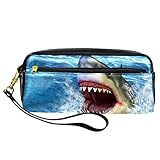 Shark Jpg Trousse à crayons en cuir pour bureau, papeterie, grands compartiments de rangement pour enfants, école, étudiants, voyage, trousse de maquillage avec fermeture éclair