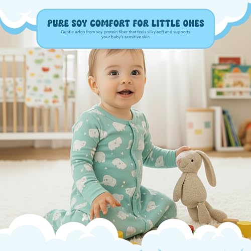 Image of Babysoy Baby Long Sleeve Gown Sleep Sack | Made with Organic Cotton & Azlon from Soy | Ultra Soft Nightgown for Easy Diaper Changes | Modern Prints, Reversible Mittens | 0-3 Months | Animal Harbor