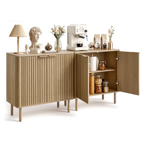 VEVOR Buffet Cabinet, Sideboard Cabinet with 2-Tier Storage, Coffee Bar Cabinet with Adjustable Shelves, Fluted Sideboard Buffet for Hallway, Entryway, Living Room, or Kitchen, Oak(2pcs) by VEVOR - Used condition - US$113.26