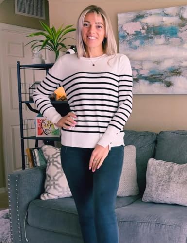 Image of Sweaters for Women Striped Crew Neck Pullover Sweater Lightweight Long Sleeve Fall Knit Tops