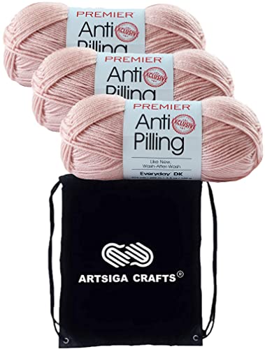 Image of Premier Yarns Anti-Pilling Everyday DK Blush 1107-55 (3-Skeins - Same Dye Lot) DK Light Worsted #3 Anti-Pilling Acrylic Yarn for Crocheting and Knitting with Project Bag