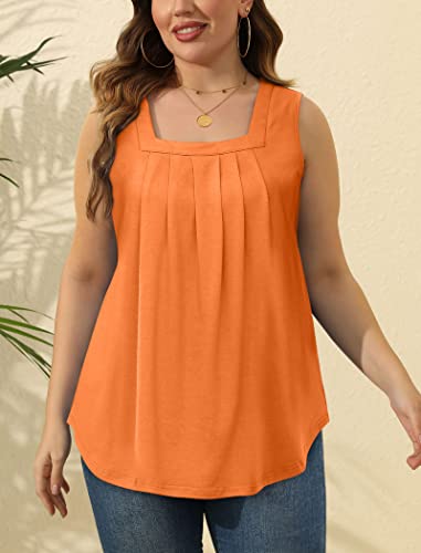 Image of Saloogoe Summer Tank Tops for Women Loose Fit Pleated Square Neck Sleeveless Tops Curved Hem Flowy