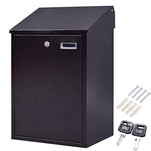 TANGZON Wall Mounted Lockable Mailbox, Weatherproof Galvanized Steel Post Box with Cover, Keys & Top-Loading Letter Slot, Outdoor Letter Box Parcel Delivery Box for Porch Yard, 32 x 21 x 48cm (Black)