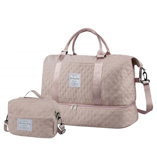 Ebbniur Travel Duffel Bag Weekender Overnight Bag for Women Carry On Gym Bag with Wet Pocket and Shoe Compartment Travel Essentials Personal Item Bag for Airlines with Toiletry Bag 2 Pcs (Dark Pink 1)