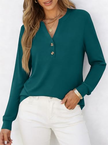 ANRABESS Women's Long Sleeve Shirts 2026 Spring Fashion Dressy Casual Tops Trendy Henley Blouses Cute Work Outfits Clothes Teal Large — view 2