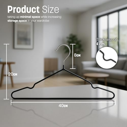 KEPLIN 20 Pack Premium Rubber Coated Metal Hangers - Heavy Duty - Space Saving Organiser Clothes Hangers For Wardrobes Coat Rack Rails (Black)