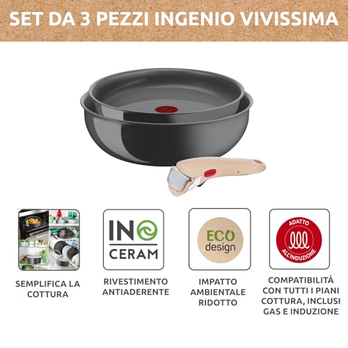 Lagostina Ingenio Vivissima, Set Padella 24cm e Wok 26cm in Ceramica Antiaderente con Manico Rimovibile Beige, 100% Alluminio Riciclato e Tecnologia Thermo-Signal, per Tutte le Fonti di Calore - 3