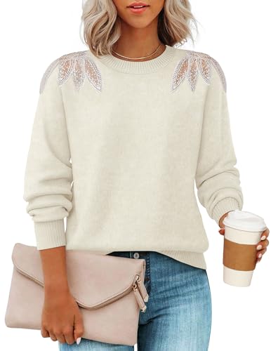 ZESICA Women's Fall Long Sleeve Sweaters 2026 Crew Neck Knit Loose Dressy Pullover Tops Winter Trendy Outfits,Apricot,Medium