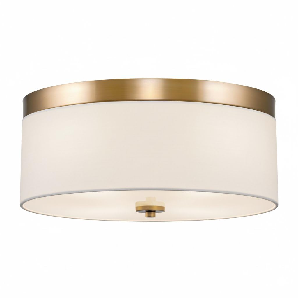 Kira Home Walker 15" Mid-Century Modern 3-Light Flush Mount Ceiling Light, White Fabric Shade + Round Glass Diffuser, Cool Brass Finish