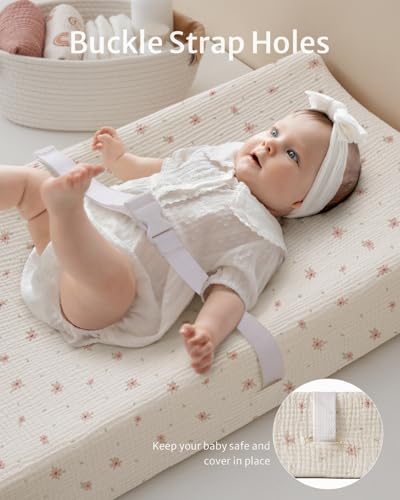 Image of Blissful Diary Muslin Changing Pad Cover for Baby Girls, Ultra Soft Breathable Cotton, Baby Diaper Change Table Pad Covers, 2Pack (Pink Floral & Light Pink)