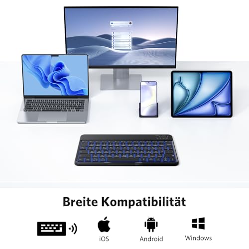 OMOTON Bluetooth Tastatur für iOS/Android/Windows mit Telefonhalter, iPad Tastatur mit Hintergrundbeleuchtung, Wiederaufladbar, QWERTZ… – Ansicht 4