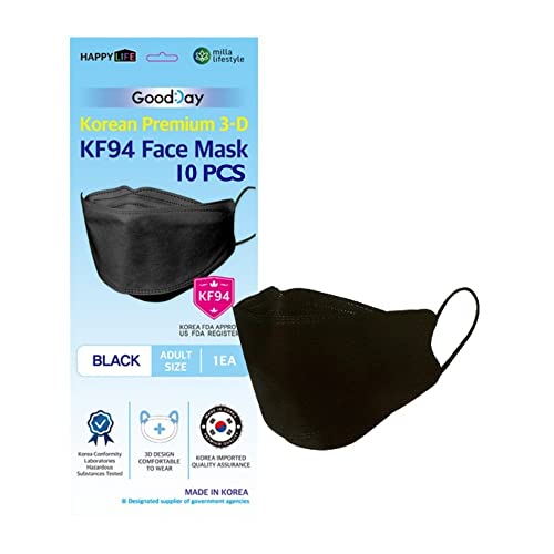 (Pack of 10) Black Disposable KF-94 Face Mask, 4-Layer Filters, Made in Korea, Nose Mouth Covering Dust Mask (individual Packed)(Black Color)