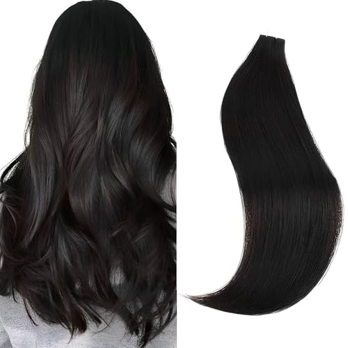 Image of Sixstarhair Invisible Tape In Hair Extensions Real Human Hair Off Black Remy Tape Hair Extensions for Women 20 Pieces 50g [Color #1B 18inch]