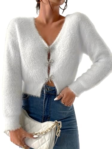 Womens Cute Rhinestone Bow Cardigan Sexy V Neck Long Sleeve Fuzzy Sweater Casual Open Front Knit Crop Top