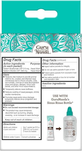 Image of GuruNanda PreMixed Saline Packets for Nasal Rinse (192 Count), All Natural Sinus Rinse Packets to Help with Allergies & Congestion Relief, 0.08oz Each