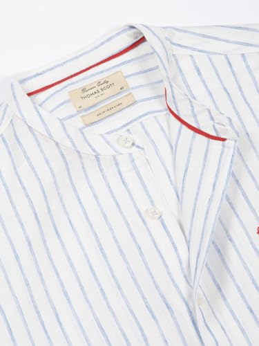 Image of Thomas Scott Men's Slim Fit Cotton Linen Casual Shirt with Mandarin Collar | Vertical Stripes | Three-Quarter Roll-Up Sleeves