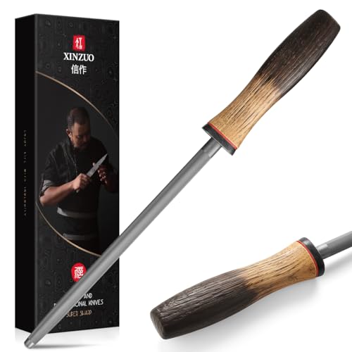 XINZUO 36,8cm Chaira Acero con Alto de Carbono Recubierto de Cromo Duro -Profesional Afilador de Acero Para Afilar Varios Cuchillos de Cocina -Mango de Roble Blanco -Serie Mo